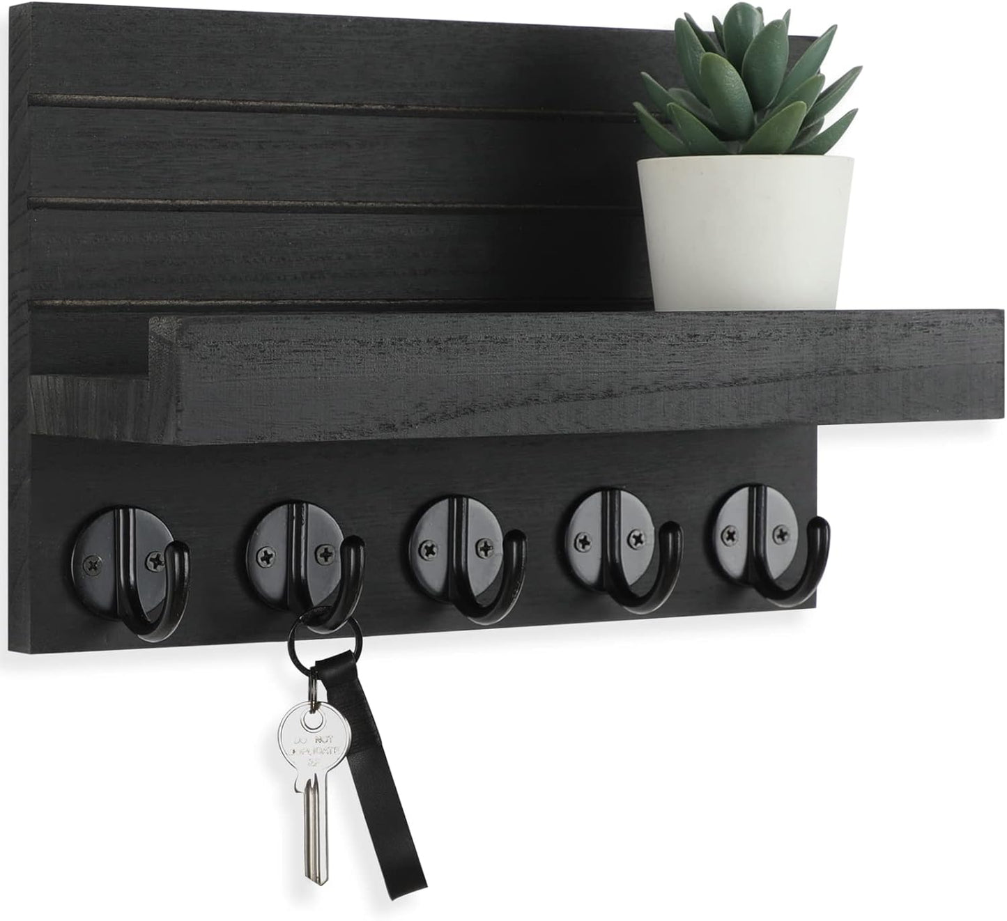 Lwenki Key Holder for Wall, Decorative Key and Mail Holder with Shelf Has Large Key Hooks for Bags, Coats – Paulownia Wood Key Hanger with Mounting Hardware (9.8”W x 6.7”H x 4.2”D) (Brown)