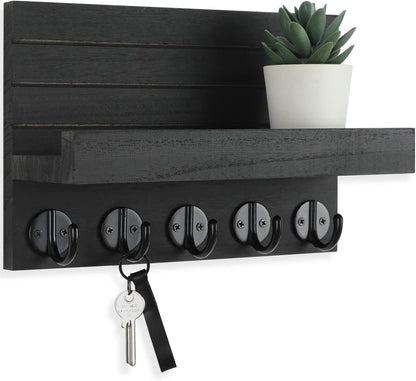 Lwenki Key Holder for Wall, Decorative Key and Mail Holder with Shelf Has Large Key Hooks for Bags, Coats – Paulownia Wood Key Hanger with Mounting Hardware (9.8”W x 6.7”H x 4.2”D) (Brown)