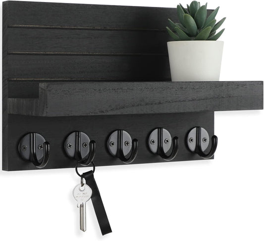 Lwenki Key Holder for Wall, Decorative Key and Mail Holder with Shelf Has Large Key Hooks for Bags, Coats – Paulownia Wood Key Hanger with Mounting Hardware (9.8”W x 6.7”H x 4.2”D) (Brown)