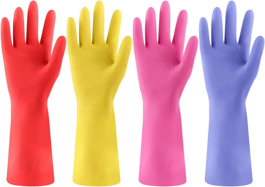 Rubber Kitchen Dishwashing Gloves - 4 Pairs Colorful Reusable Cleaning Gloves for Kitchen Washing Dishes and Household Cleaning(XL, Blue+Pink+Yellow+Red)