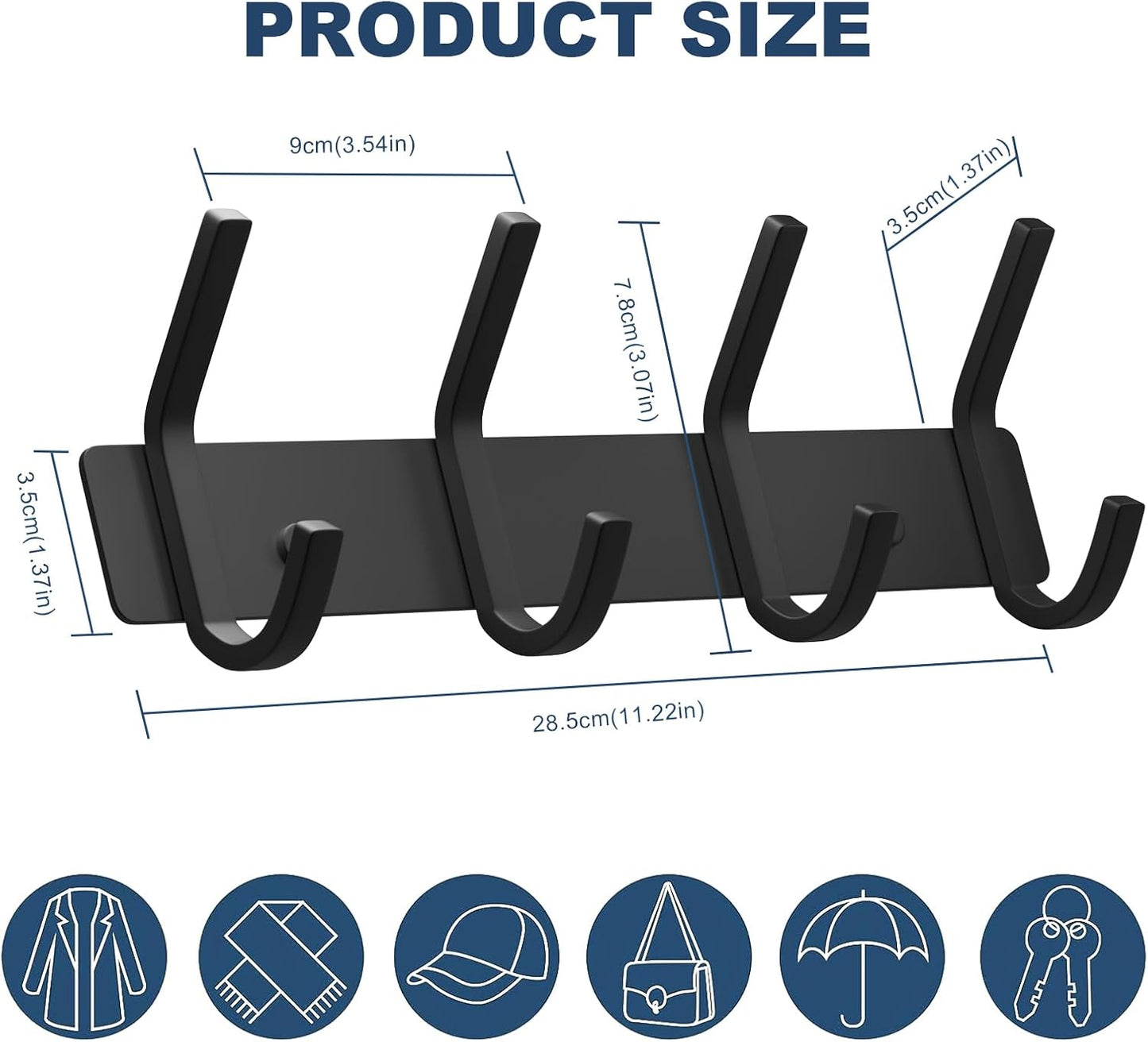 VAEHOLD Black Hat and Coat Wall Mount Rack - 3 Hooks for Robes, Bags, Keys, and Towels - Bathroom Towel Hanger Organizer (1 Pack)