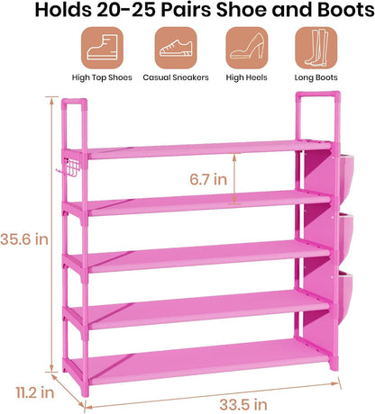 VILICK 5 Tier Shoe Rack with Hook and Side Pocket,Shoe Organizer Space Saver Storage for 20-25 Pair Shoe Storage Shelf Sturdy Free Standing Long Shoe Rack Organizer for Closet,Entryway,Small Spaces