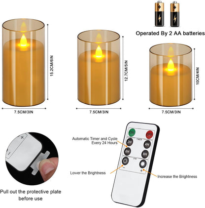 wemarry Flameless Candles 4" 5" 6" Acrylic Glass Pillars 3" Diameter Battery Operated Flickering Candles Include 8-Key Remote with Timer Function 400+ Hours (Amber, Warm Light 3 Pack)