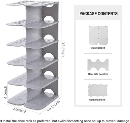 6-Tier Narrow Shoe Rack for Small Entryways, Space-Saving Adjustable Stackable Shelves, Free Standing Shoe Organizer for Closet, Corner, Doorway, Grey