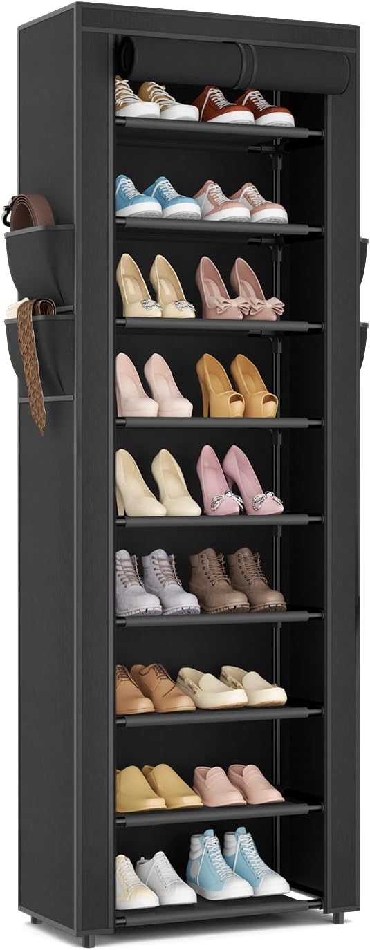 LANTEFUL Shoe Rack with Covers - 10 Tiers Tall Shoe Rack Organizer Large Capacity Shoe Shelf Storage 40 Pairs Space Saving Vertical Shoe Storage Organizer for Closet, Entryway, Dorm, Bedroom
