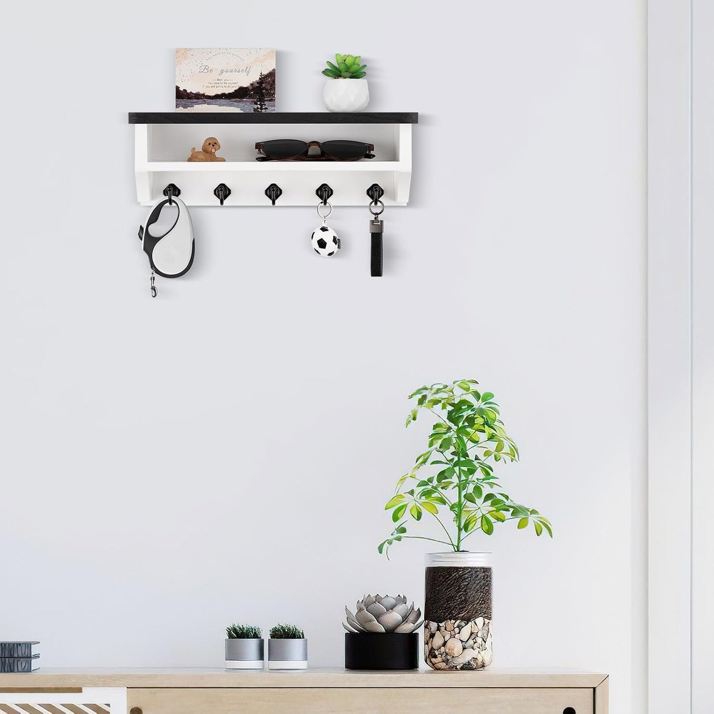 Nekon Key Holder Wall Mount, Wall Organizer Shelf with 5 Key Hooks, Room Decor for Home and Apartment Essentials, White