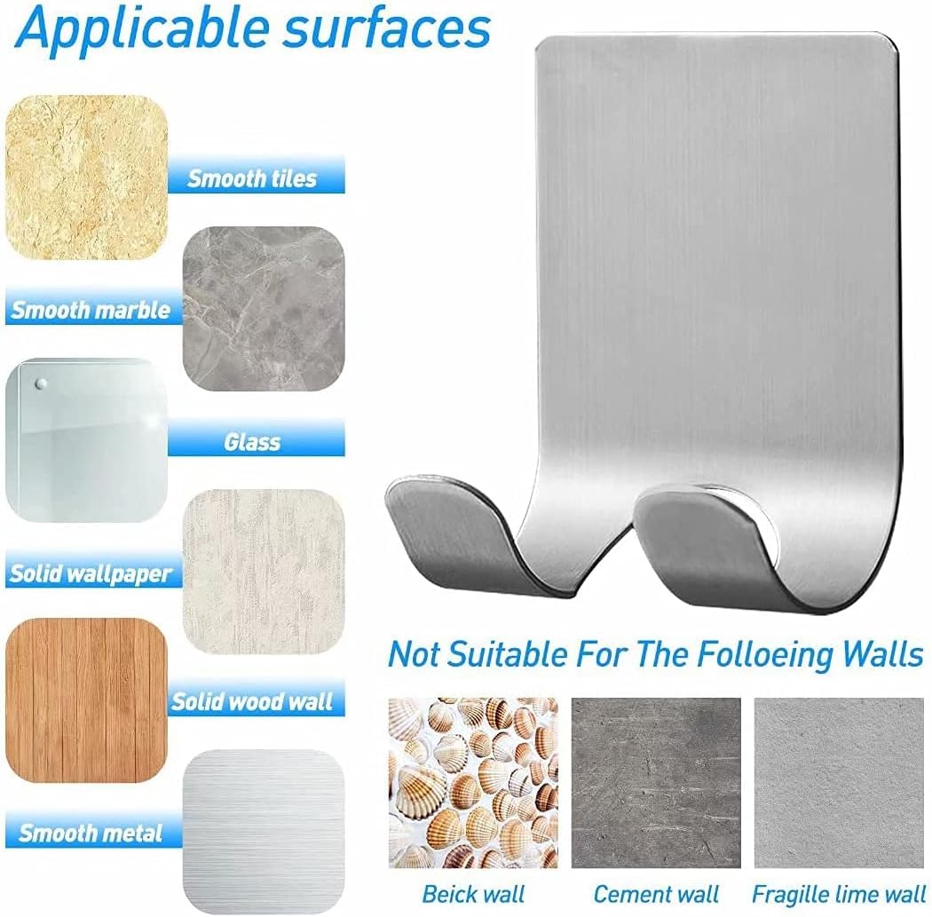 Waterproof Razor Holder for Shower, Heavy Duty Self Adhesive Hooks, 304 Stainless Steel Towel Hooks for Bathrooms Wall Mounted Hanging Loofah Robe Shaver Coat Hats Without Nails(Silver, 6 Pack)