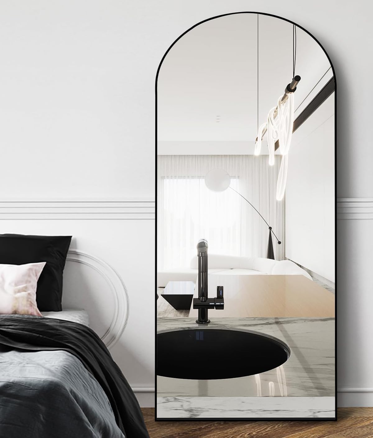 OGCAU Floor Full Length Mirror, 56"x20" Arched Full Body Mirror, Hanging or Leaning, Standing, Wall Mounted with Aluminum Frame for Bedroom Living Room, White