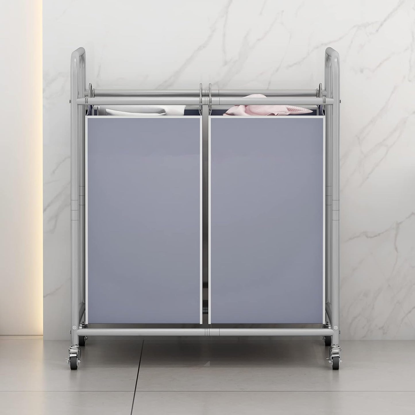 SUOERNUO Laundry Sorter Basket 2 Bag Laundry Hamper Cart with Rolling Lockable Wheels and Removable Bags Laundry Organizer Cart for Clothes Storage, Assorted