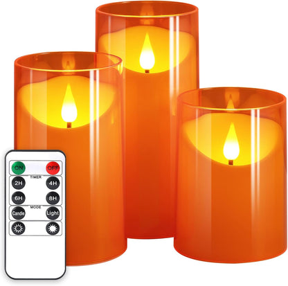 NURADA Flameless Candles with Remote Timer - Glass Real Wax 3D Wick LED Pillar Votive Candle Set Battery Operated Flickering Light for Home Christmas Decoration - White 3 Pack