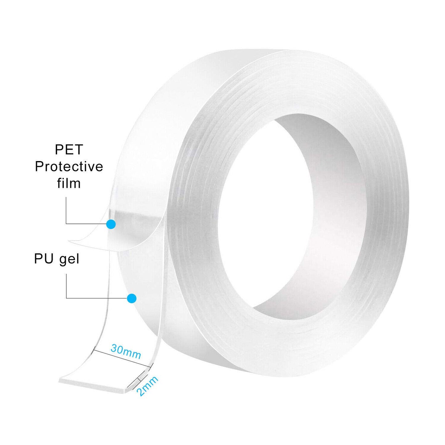 Magik 6.5-16.5ft Nano Magic Tape Double-Sided Trackless Washable Invisible Gel 2-5m (2 Meter/6.56 Feet)