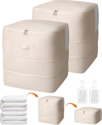 4 Pack Comforter Storage Bag, 68L Blanket Storage Bags Self Compression Comforter Organizer and Storages, Space Saving Washable Compression Bags for Blanket Bedding Pillow Duvet Quilt, Beige