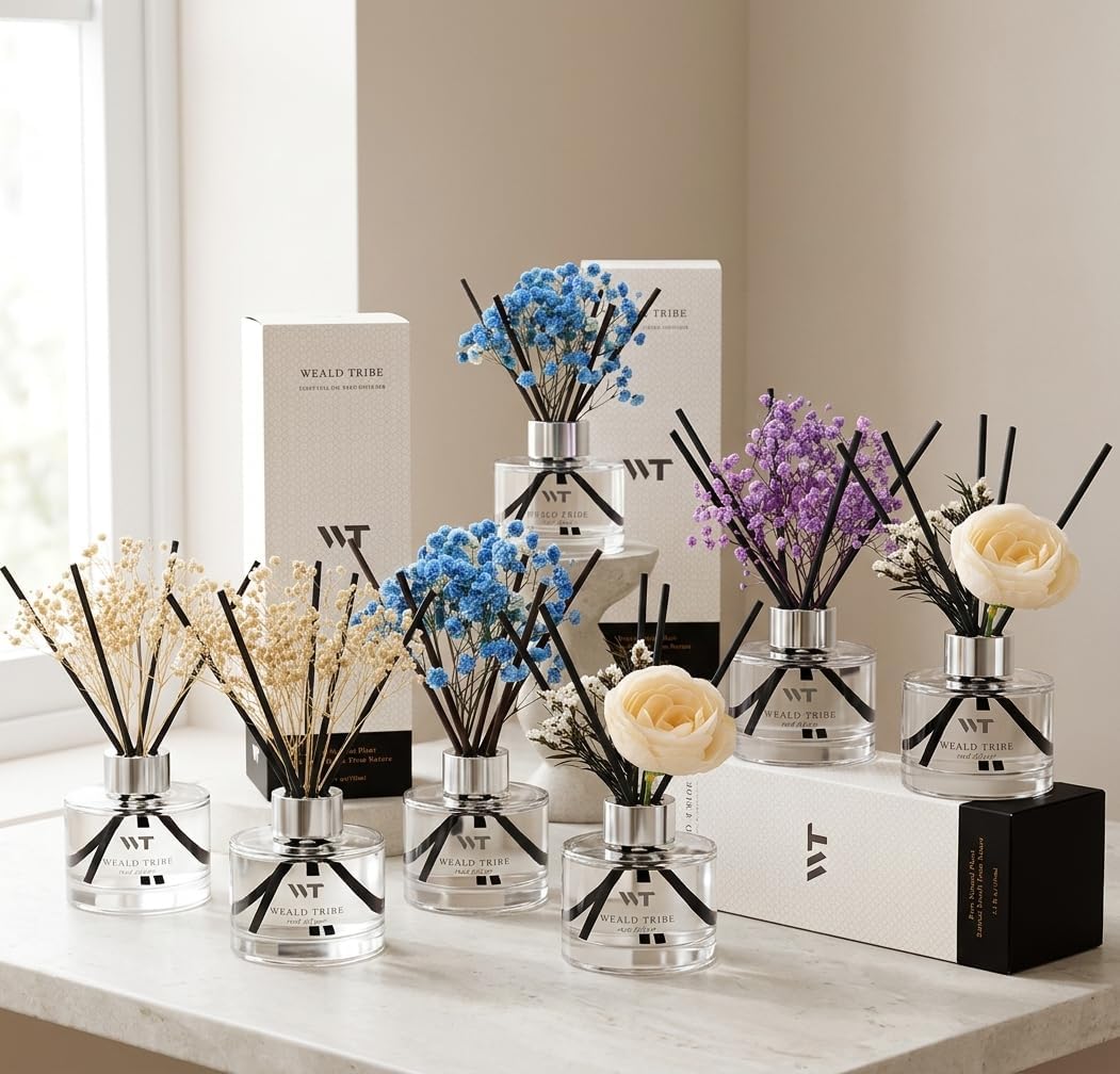 Flower Reed Diffuser Set Wild Eucalyptus Mint Scent for Bathroom Accessories Shelf Decor & Air Fresheners, Sticks Defusers with 5.1 fl oz Essential Oils & Leaves, House Bedroom Office Decor & Gifts