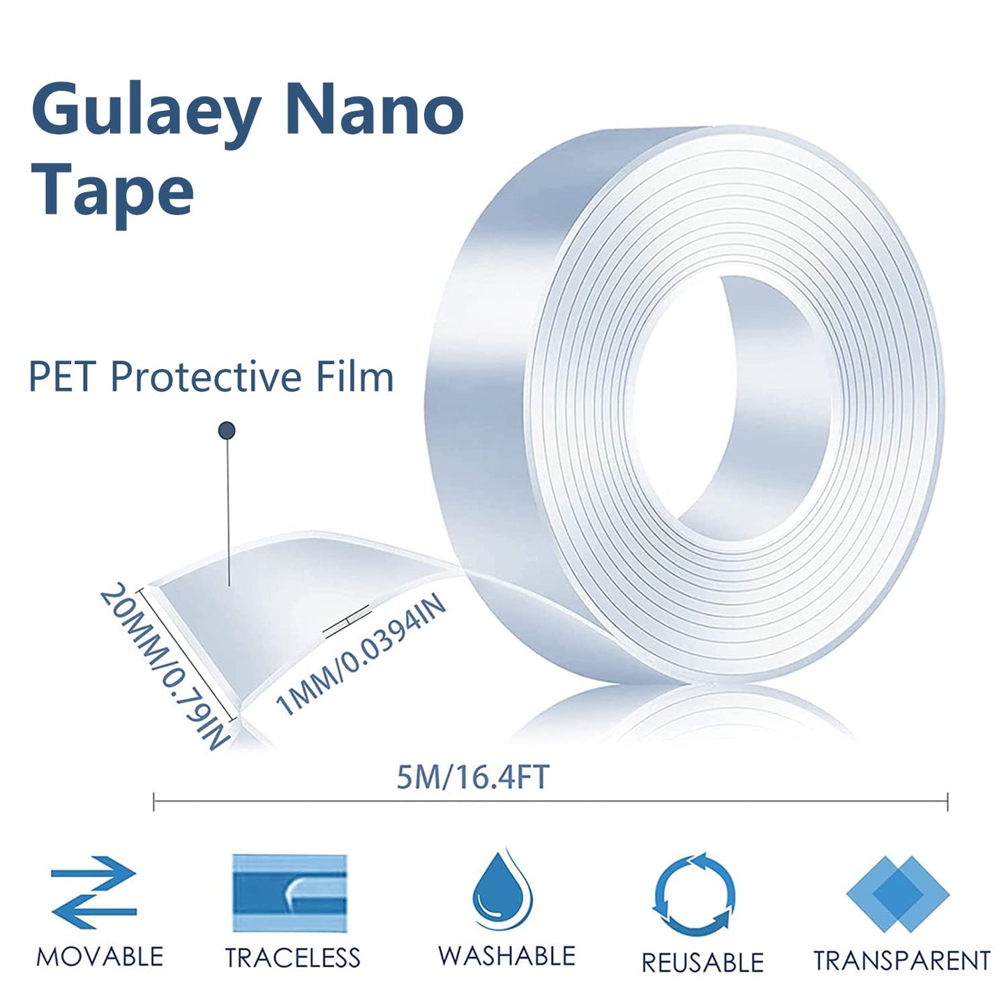 Nano Adhesive Tape, Double Sided Tape Heavy Duty, Nano Tape,Multipurpose No-Trace Removable Glue Tape,Washable Strong Sticky Wall Tape Strips for Paste Items,Household (3M/9.84FT)