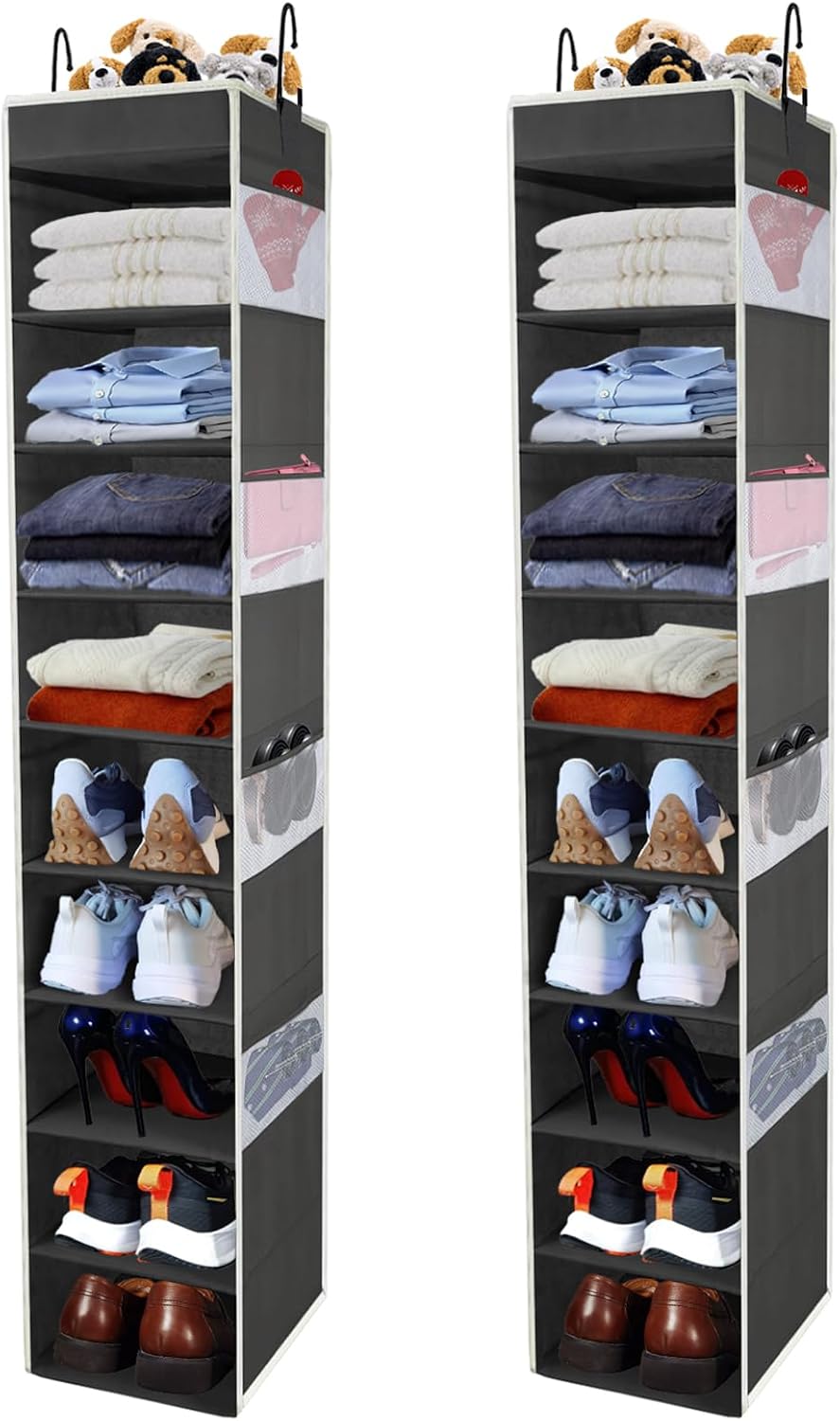Large-Sized Hanging Shoe Organizer 10-Shelf, Sturdy Hanging Closet Organizer with 8 Side Pockets, Wider Hanging Shelves for Storage Shoes Clothes Jeans Shirts Toys, Black
