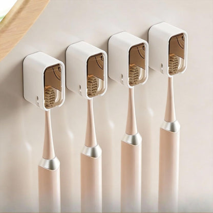 4PCS Wall Mounted Toothbrush Holders with Cover, Self Adhesive Single Slot Organizer, Moisture & Dust Proof for Electric/Regular Toothbrushes, Bathroom Shower Storage for Family & Travel (Black)
