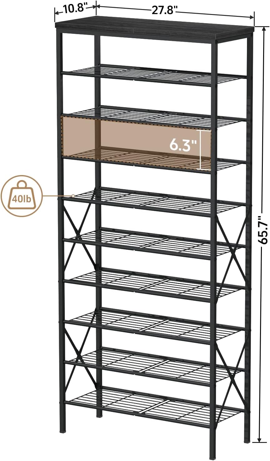 8 Tiers Tall Shoe Rack Organizer, Large Capacity Shoe Rack Holds 32 Pairs of Shoes, Durable and Stable, Adjustable Metal Shelf Stackable Shoe Shelf for Entryway, Hallway, Living Room, Closet