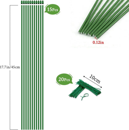 15Pcs Orchid Stakes,SupKing 17.7 Inch Plant Support Sticks Invisible Bendable Green Pole Rods for Small Indoor Outdoor Potted Plants Comes 20Pcs Ties