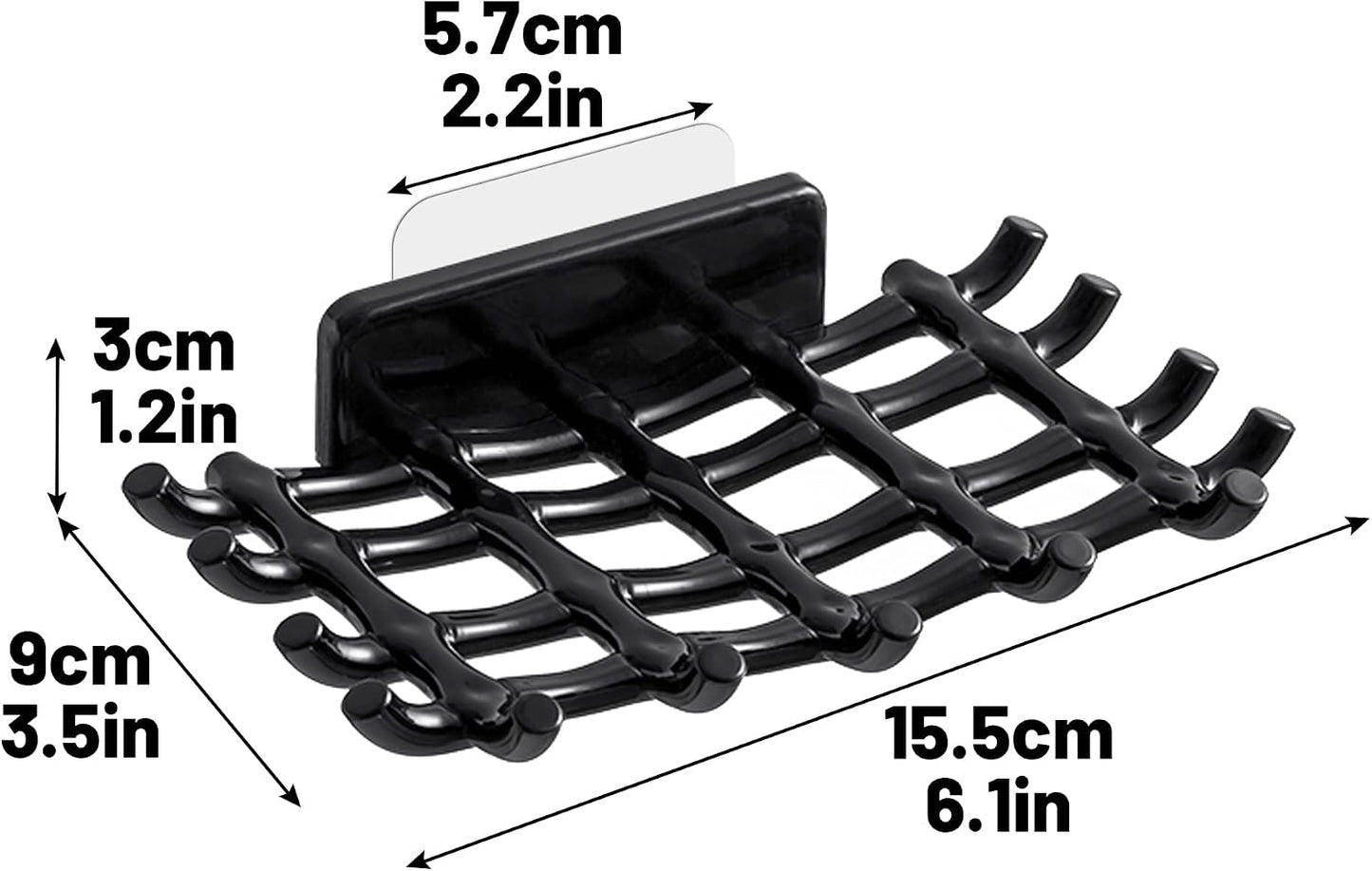 Shower Soap Holder for Wall, Adhesive Bar Soap Dish with Self Draining Grid, Side Hooks and No Drilling Mount, Black, 2 Pack
