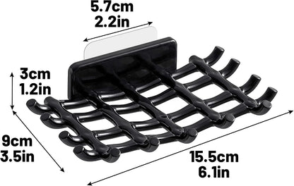 Shower Soap Holder for Wall, Adhesive Bar Soap Dish with Self Draining Grid, Side Hooks and No Drilling Mount, Black, 2 Pack