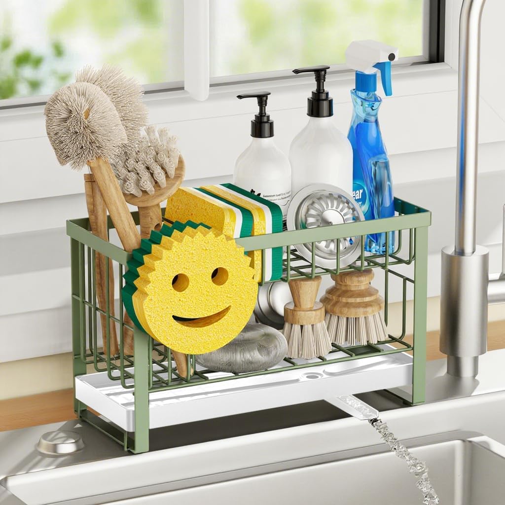 Sponge Holder for Kitchen Sink,Smiley Face Sink Caddy with Removable Brush Holder,Self-Draining Sponge Caddy for Soap,Dish Brush,Scrubber,Kitchen Essentials and Gadgets-Silver