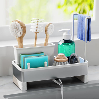 Sink Caddy Organizer, Kitchen Sponge Holder for Sink with Quick Drain Tray & Detachable Towel Rack, Sturdy Rustproof Kitchen Countertop Organizer for Sponge Soap Dispenser (White)