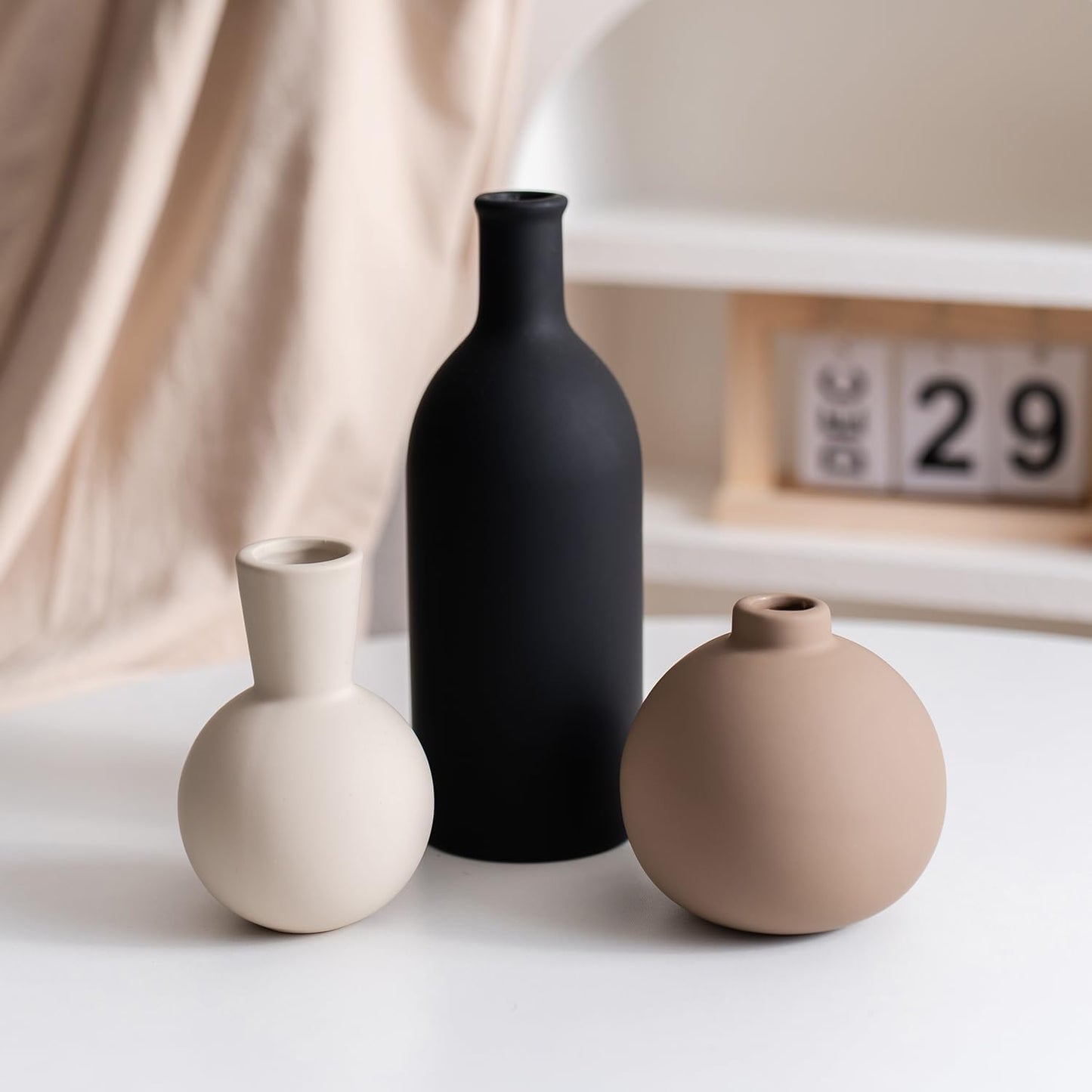 Ceramic Vase Set of 3, Modern Minimalist Neutral Home Decor, Boho Rustic Farmhouse Decorative Vases for Pampas Grass Dried Flowers | Table Centerpiece Entryway Mantel Bookshelf(Black Mix Set - Gray#1)