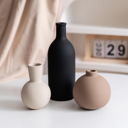 Ceramic Vase Set of 3, Modern Minimalist Neutral Home Decor, Boho Rustic Farmhouse Decorative Vases for Pampas Grass Dried Flowers | Table Centerpiece Entryway Mantel Bookshelf(Black Mix Set - Gray#1)
