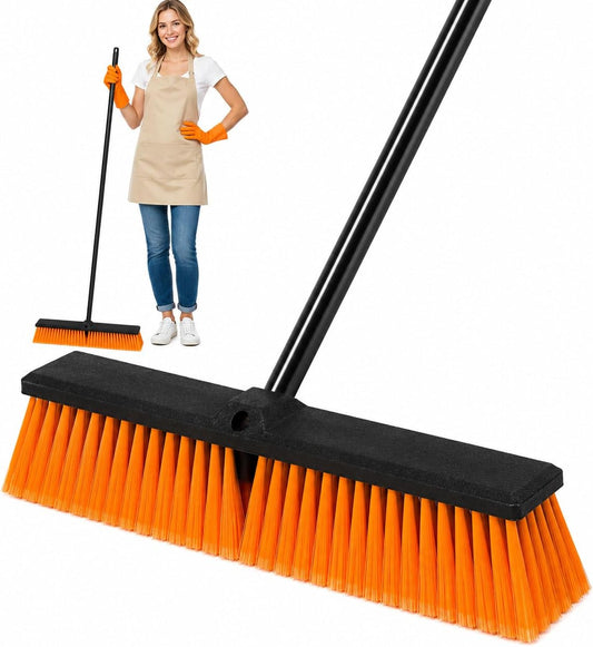 24" Outdoor Push Broom with 65" Extendable Pole, Heavy Duty Stiff Bristle for Floor Cleaning, Patio, Deck, Driveway, Garage, Yard, Warehouse Sweeping (Red, 18" Brush Head)