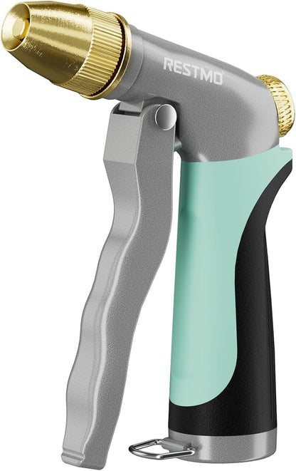 RESTMO Metal Water Hose Nozzle, Heavy Duty Garden Hose Sprayer for Outdoor | Adjustable Brass Spray Head, 4 Watering Patterns, Jet | Mist | Cone | Full, Leak-proof, Ideal for Lawn & Plant & Car, Green