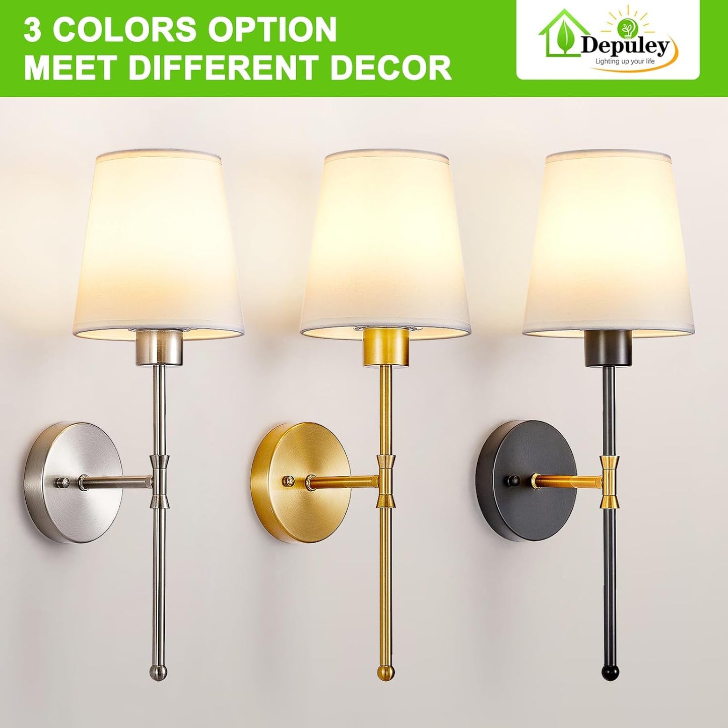 Depuley Battery Operated Wall Sconce: Set of 2 Wireless Wall Lights with 10000mAh Dimmable Bulbs and Remote for Bedroom - Rechargeable 15 Colors Gold Wall Lamp for Living Room Hallway