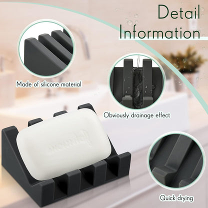 Cunhill 2 Pieces Silicone Soap Dish Self Draining Soap Dish Shower Waterfall Bar Soap Holder Tray with Drain Soap Saver for Kitchen Bathroom Accessories (Black)