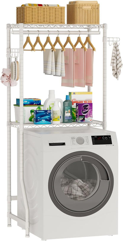 Golpart Over Washer and Dryer Shelves,Heavy Duty Laundry Room Storage Organization Clothes Drying Rack,5 Tier Adjustable Height Wire Shelving and Wire Basket with Hanger Rod&Hook,Space Saving Shelf