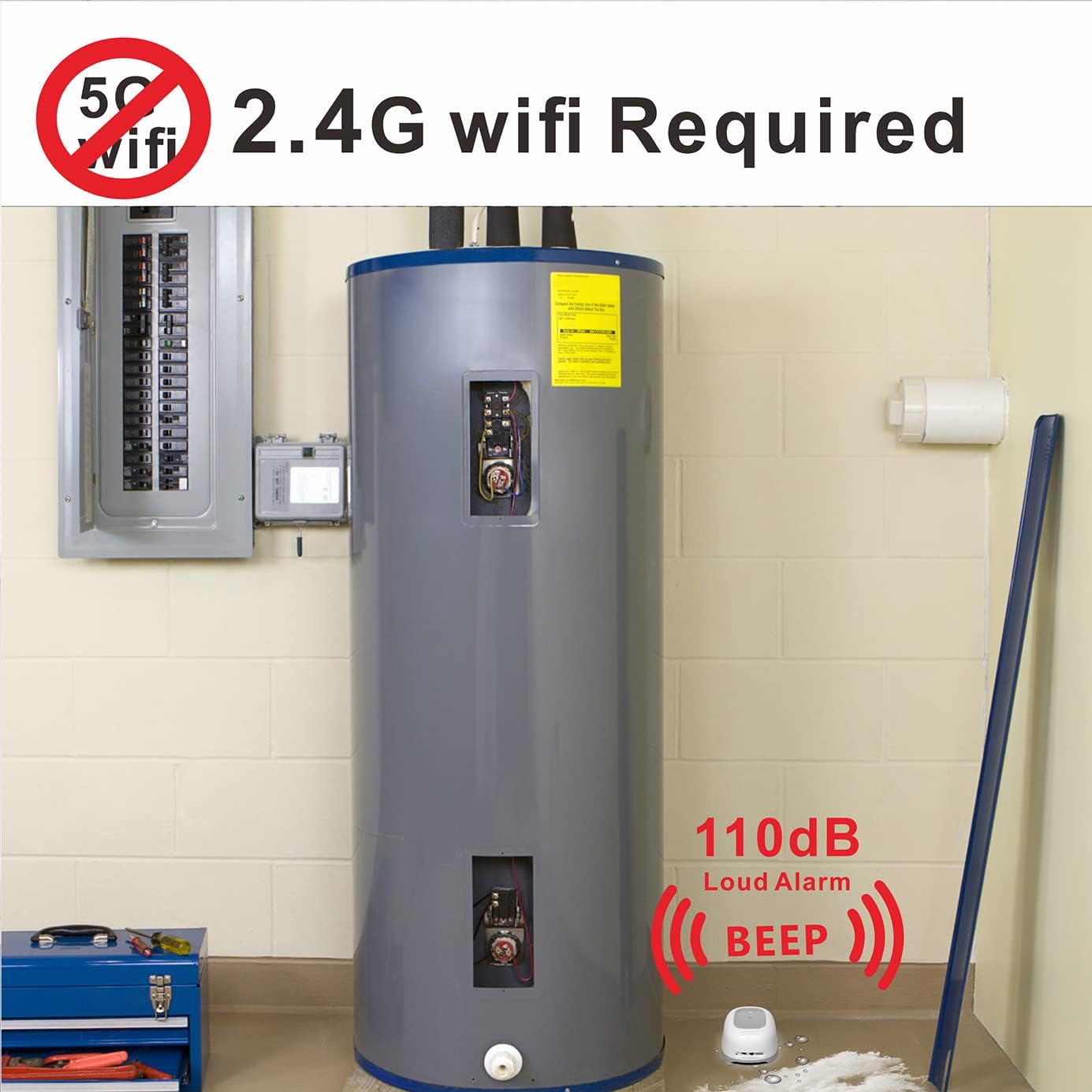 Water Alarm Sensor with 80dB Loud Sound WiFi Leak Detector, Overflow Leak Alarm, Remote Monitoring leaker for Water Heater Basement Sewage Pump, TUYA/Smart Life APP Notification
