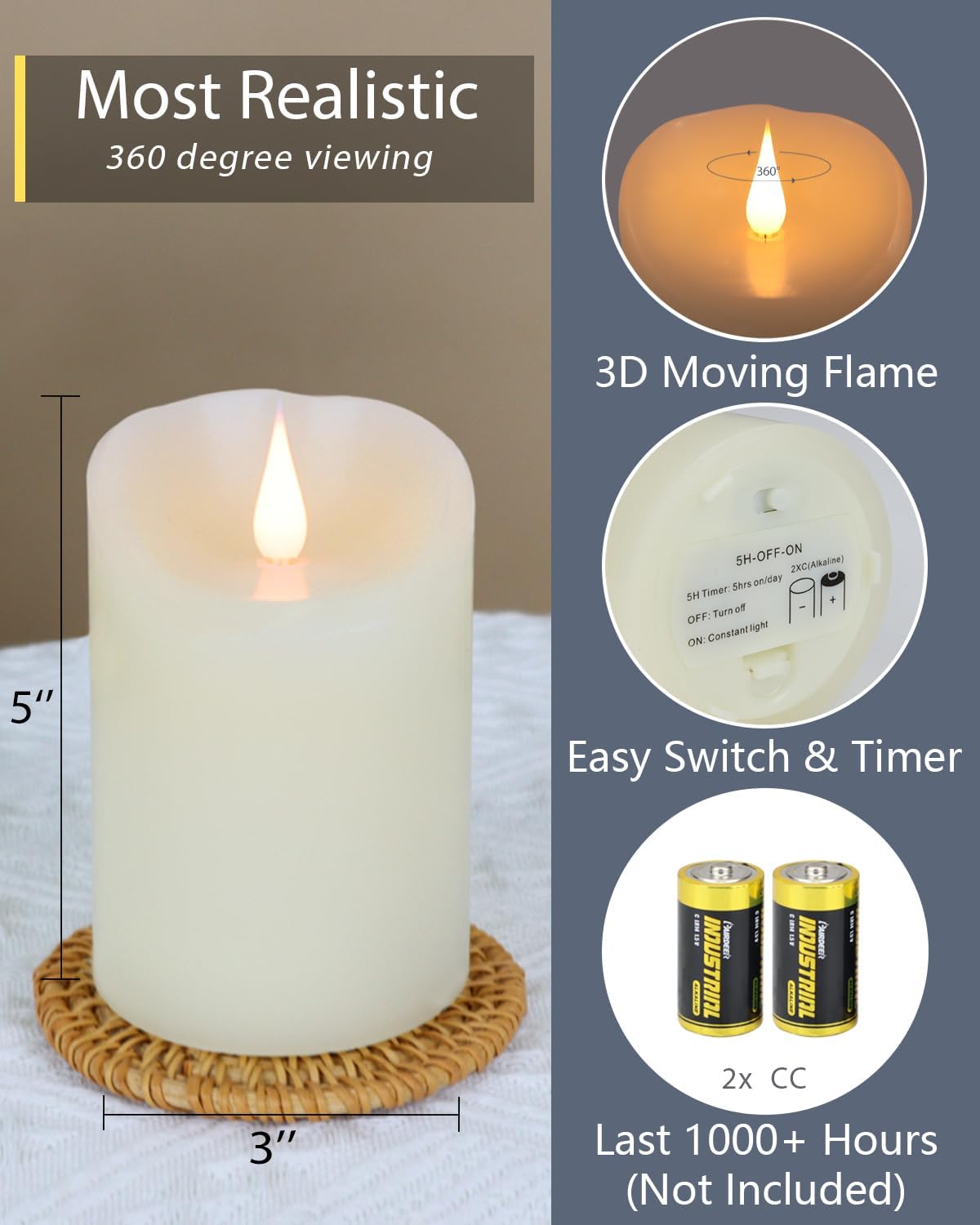 TECHLONG Flameless Candles with Remote Timer, 3D Moving Flickering Flame Battery Operated Candles Lasting 1000+ Hours, 3" x 5" Ivory Real Wax Electric LED Pillar Candles, Set of 2