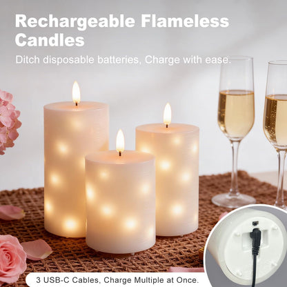 LEDHOLYT Rechargeable Flameless Glass Pillar Candles–Gifts for Women,–Set of 3, Realistic Flickering LED Light,Remote & Timer, Ideal for Living Room, Bedroom & Festival Wedding Home Party Decor