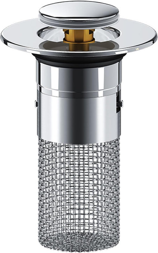 Pop-Up Bathroom Sink Drain Strainer, Stainless Steel Hair Catcher with Removable Filter Basket, Brass Core Stopper Replacement for 1.34"-1.57" Drains, Anti-Clog & Leak-Proof Design