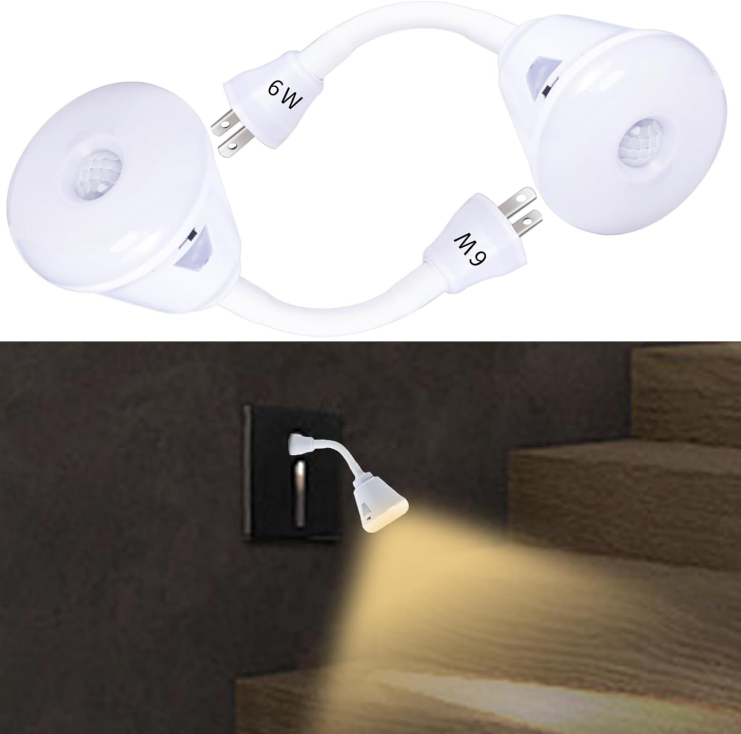 2 Pcs Plug in Motion Sensor Night Light Indoor LED Infrared Motion Detector Night Light for AC Outlet, Dusk to Dawn Sensor, 360° Rotating for Stairs Garage, 6W Cool White Light US Plug