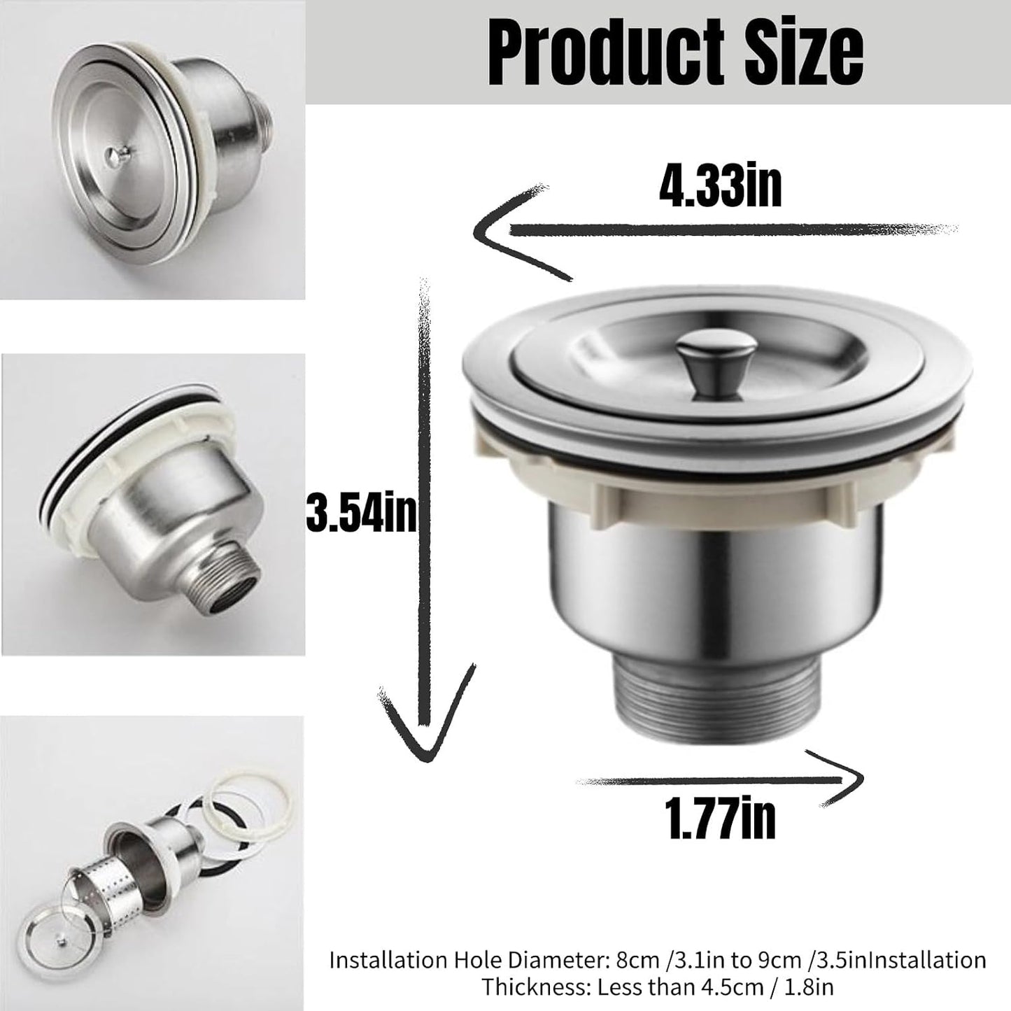 Drain Plug Basket Strainer Stainless Steel Sink Plug Kit, Hair Salon Shampoo Basin Drain Plug kit, Fast Drainage Sink Plug with Hair Catcher Accessories for Shampoo Bed, kitchen, Sturdy and Durable