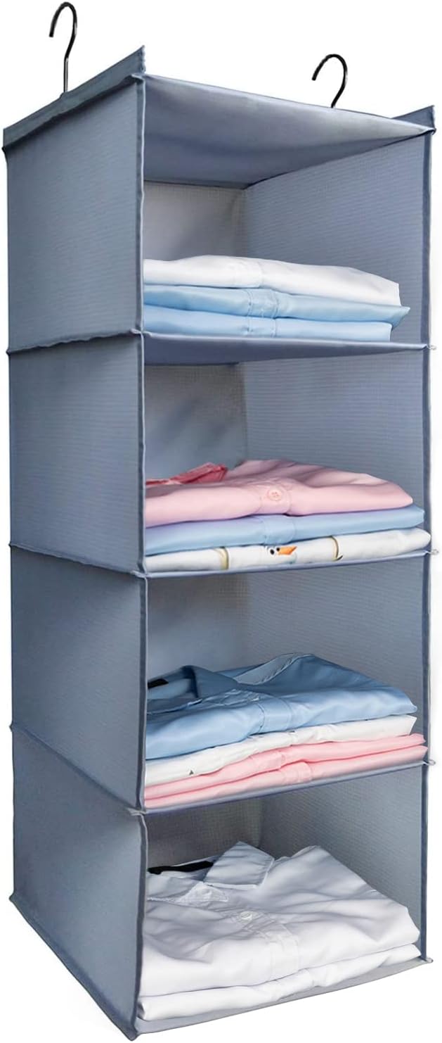 Hanging Closet Organizer 3-Shelf, Oxford Fabric Wardrobe Storage, Gray | Easy-mount foldable design holds clothes, handbags, shoes & accessories; washable Oxford fabric, sturdy and space-saving.