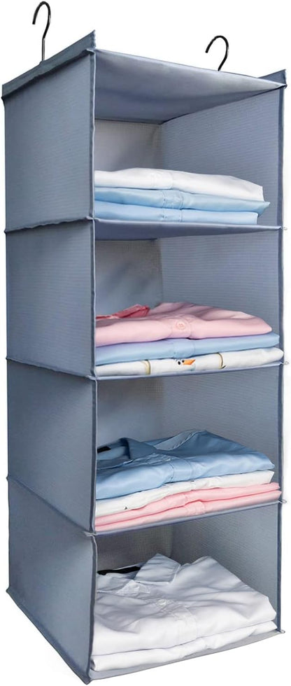Hanging Closet Organizer 3-Shelf, Oxford Fabric Wardrobe Storage, Gray | Easy-mount foldable design holds clothes, handbags, shoes & accessories; washable Oxford fabric, sturdy and space-saving.