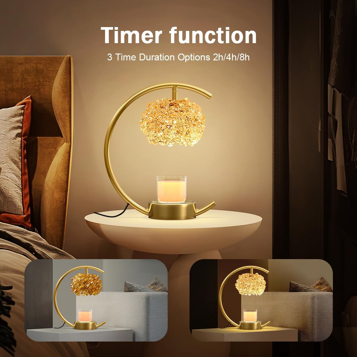 Yeuslor Gold Candle Warmer Lamp for Jar Candles with Adjustable Brightness＆Timer，Handcrafted Crystal＆Wooden Base, Luxurious Design,Home Decoration Electric Candle lamp(C-Shaped)