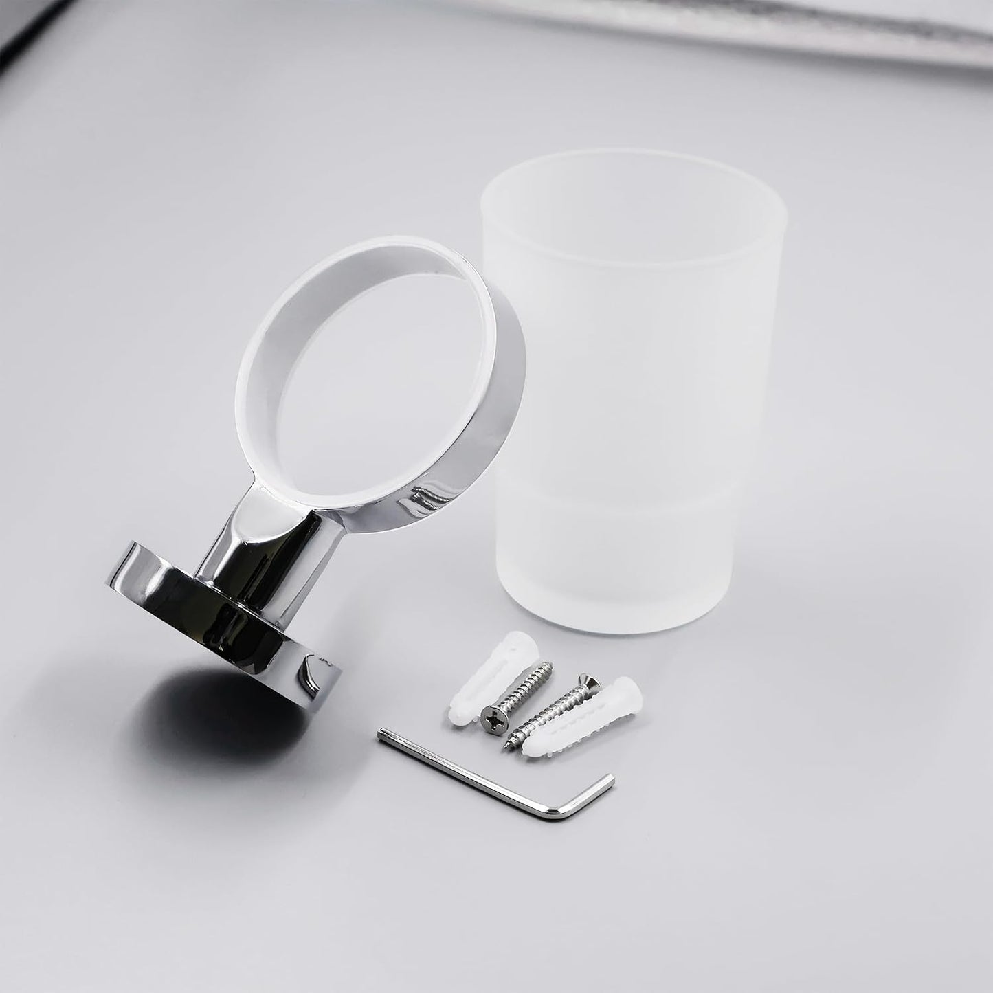 Toothbrush Holder, Wall Mounted Mouthwash Tumbler Holder with Frosted Glass Tumbler for Bathroom&Kitchen,Silver