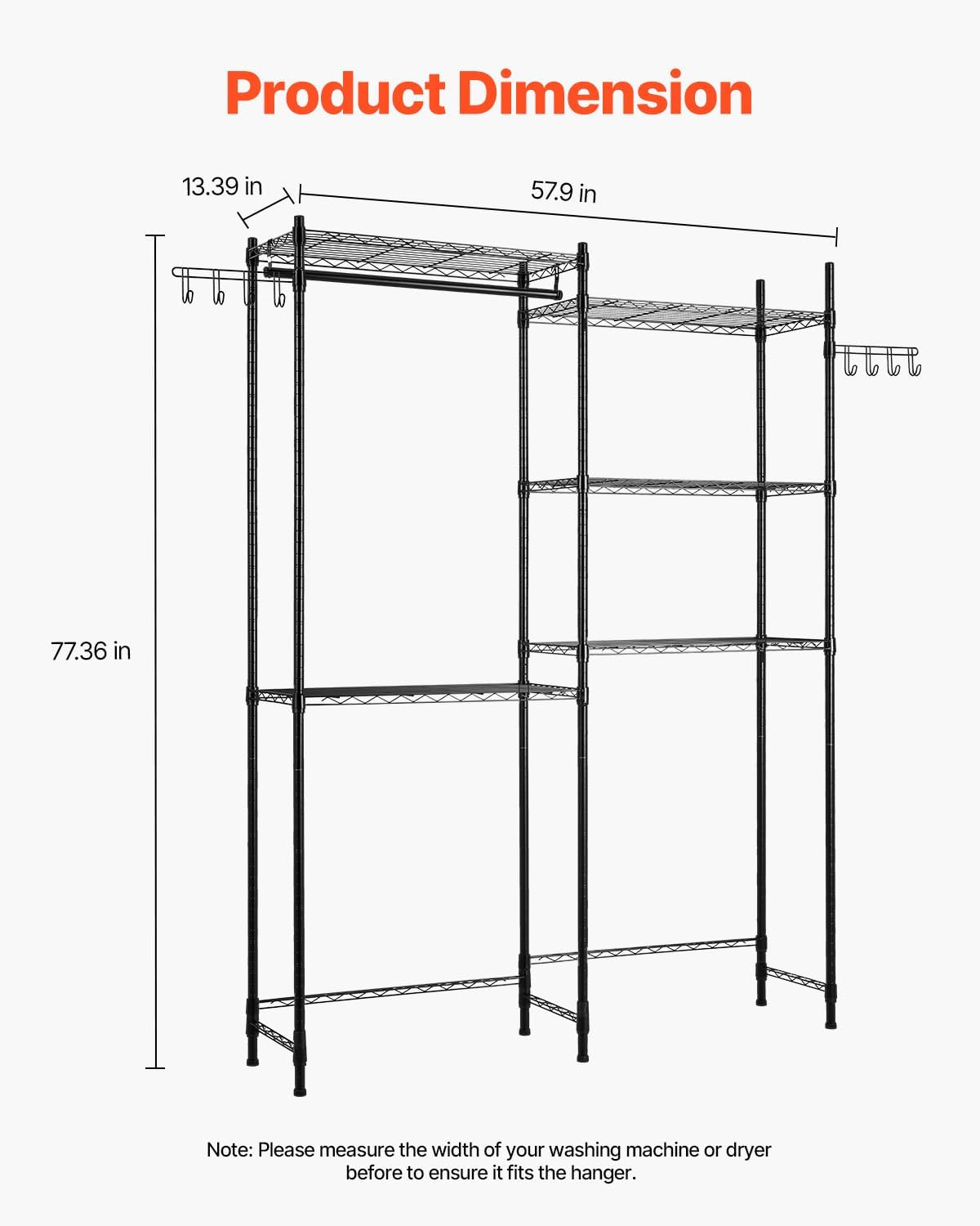 VEVOR Over Washer and Dryer Storage Shelves, 6 Tiers Laundry Room Drying Rack with Hanger Rod and Hooks, Two Rows Adjustable Washer Shelves Space Saver, for Laundry Room Storage & Organization, Black