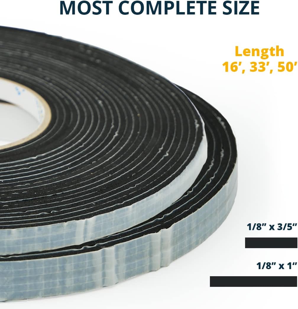 Alenor EPDM Black Foam Insulation Tape Self Adhesive 1/8"x1" x 50' Ft –Pack of 1- Weather Stripping for Doors & Windows,Soundproofing,Door Seal,Weatherstrip,Pipe Cooling,Air Conditioning Seal Strip