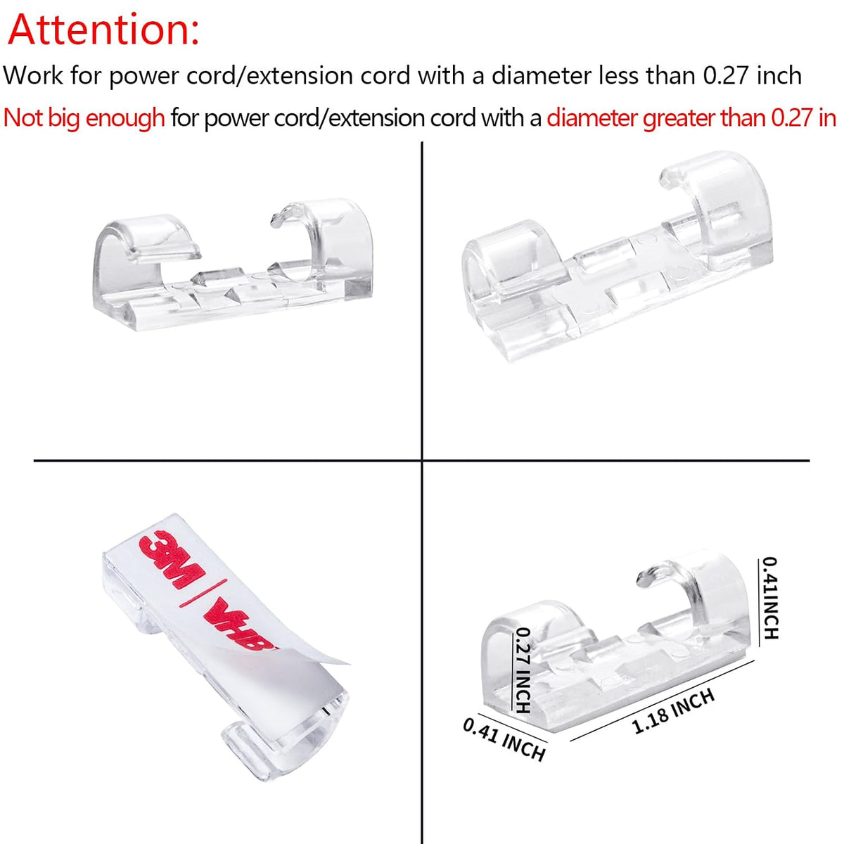 Self-Adhesive Cable Clips Organizer Drop Wire Holder Cord Management, Max Fitting Cable Diameter 0.27 inch, Pack of 20, Transparent