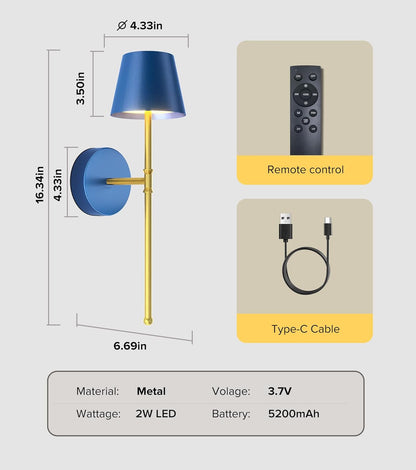 UME Wireless Sconces Set of 2 with Remote, 5200mAh Battery Powered Sconces - Small Rechargeable Sconces w/ 3 Color Temps & 5 Brightness Levels for Bedroom, Living Room, Wall Painting, Cafe (Black)