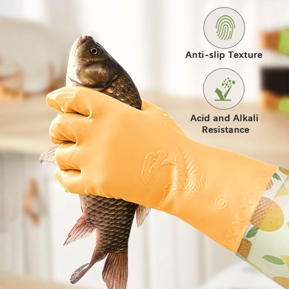2 Pairs Rubber Dishwashing Cleaning Gloves, Reusable Latex Free Kitchen Dish Gloves with Cotton Lined, Non-Slip Waterproof Household Gloves for Laundry, Working, Gardening (Yellow & Green)