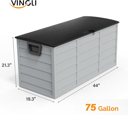 VINGLI 75 Gallon Outdoor Storage Box, Lockable Plastic Storage Containers with Lid, Patio Deck Box Furniture for Garden, Pool, Balcony, Yard (Coffee)