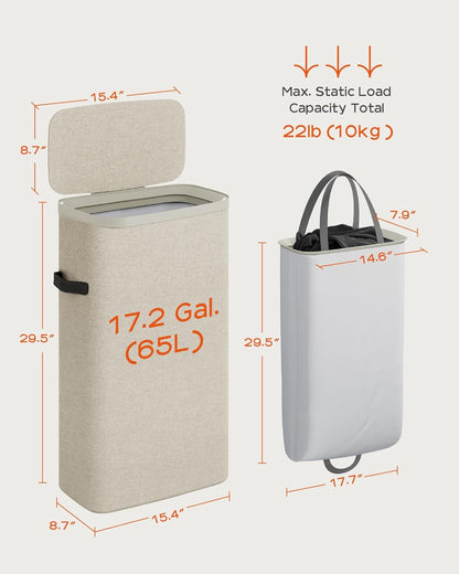 CASAMAYA Laundry Basket with Lid, Laundry Hamper 3 Section, 190L collapsible Laundry Organizer, Easy Assembly, with Handles and Removable Liners, 25.2 x 15.7 x 29.5 Inches, Beige JSP904M